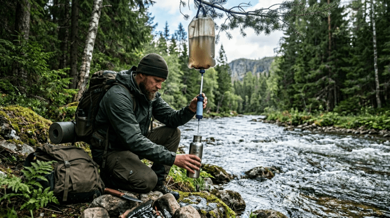 water purification in the wild - man filtering water by a stream