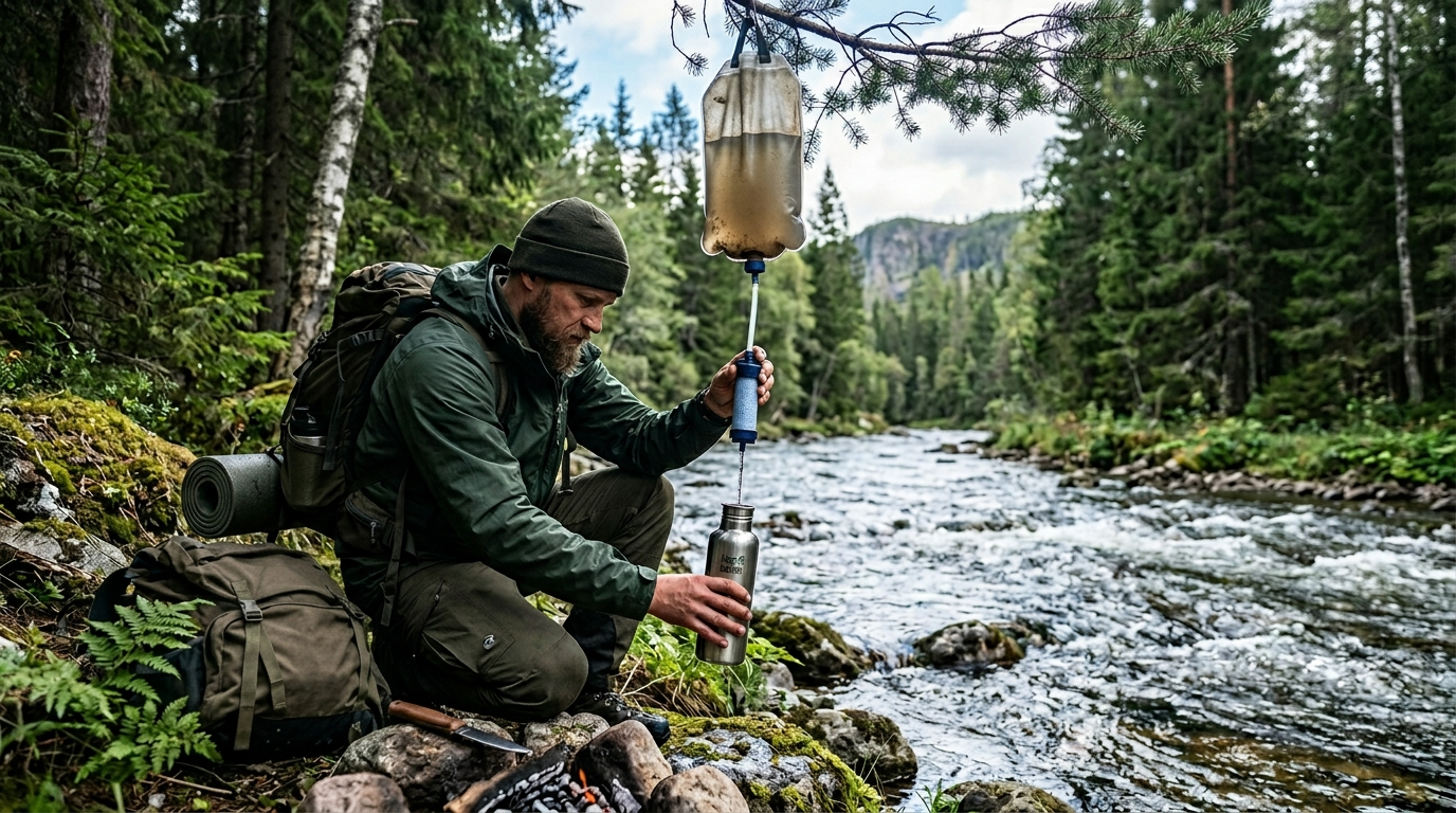 water purification in the wild - man filtering water by a stream